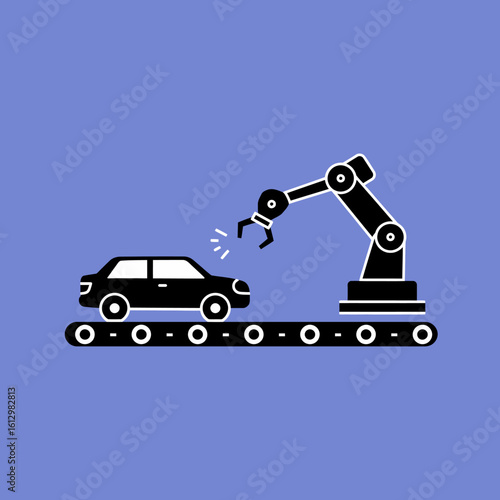 Car assembly line with robotic arm in a factory environment illustration