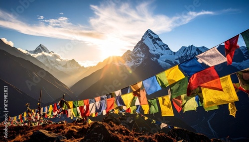 Scenic Mountain Landscape with Prayer Flags at Sunset