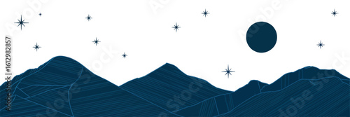 Nightscape Serenity: An ethereal illustration of rolling mountains under a tranquil night sky, adorned with a solitary moon and sparkling stars.