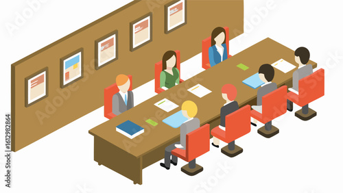 Isometric view of a conference room with people sitting around a large table and wall art