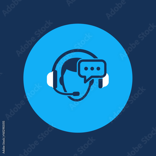 Customer service representative icon with headset and speech bubble on blue background