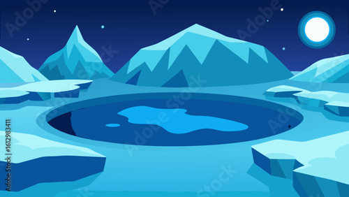 A serene winter mountain landscape with snow, distant ice-capped peaks under a cold blue sky, and a lone frosted tree
