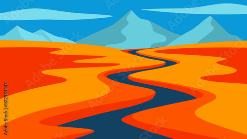 Desert dunes under a summer sun, a vector illustration of a natural mountain landscape road