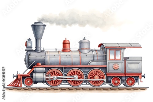 Vintage steam locomotive train emitting smoke on white background