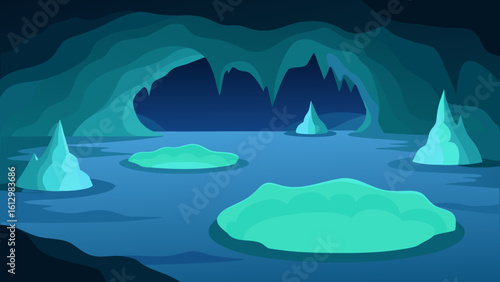 Cold winter night landscape with a lone iceberg floating in the blue ocean under a star-filled sky