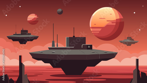 A silhouette of a cargo ship at sunset on the ocean, its vessel traveling across the water under the night sky