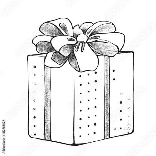 Handmade graphics of a black and white gift box with a voluminous bow. Vector illustration on a white background for packaging, greeting cards and winter holidays.