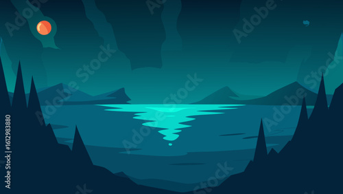 A night mountain landscape featuring a tranquil sea under a vast, inky sky where distant clouds gently reflect the soft glow of a hidden moon