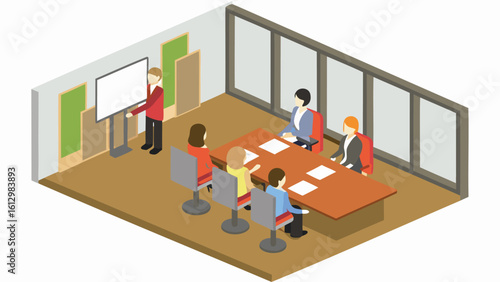 Isometric view of a conference room with people sitting around a table and a presenter standing near screen