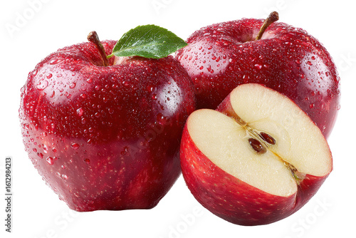 Two red apples one sliced showing seeds water droplets leaf dark background,, isolated on a transparent background
