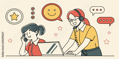 Customer service representatives assisting clients with smiles and positive feedback