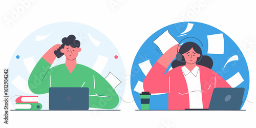 Two stressed people working on laptops with papers flying around them