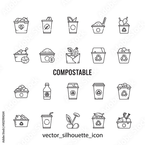 Compostable eco-friendly icons set, vector silhouette illustrations of recyclable waste management symbols, for website or presentation on sustainability