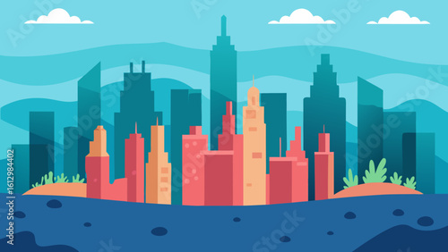 A vibrant vector illustration of a bustling city skyline, showcasing urban architecture and towering skyscrapers against the sky