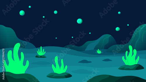 Dive into the deep blue of the underwater world where sunlight meets the dark night sky, a natural illustration of light and shadow among fish and bubbles