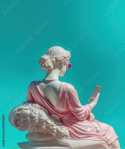 Classical marble statue wearing pink dress and sunglasses, holding a smartphone against a turquoise gradient background. Social media, digital wellbeing conceptual copy space.