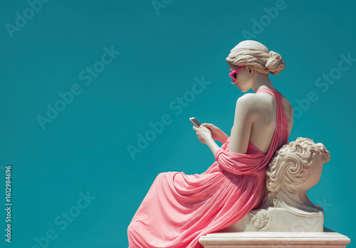 Classical marble statue sitting and stone sofa, wearing pink dress and sunglasses, holding a smartphone against a turquoise gradient background. Social media, digital wellbeing conceptual copy space.
