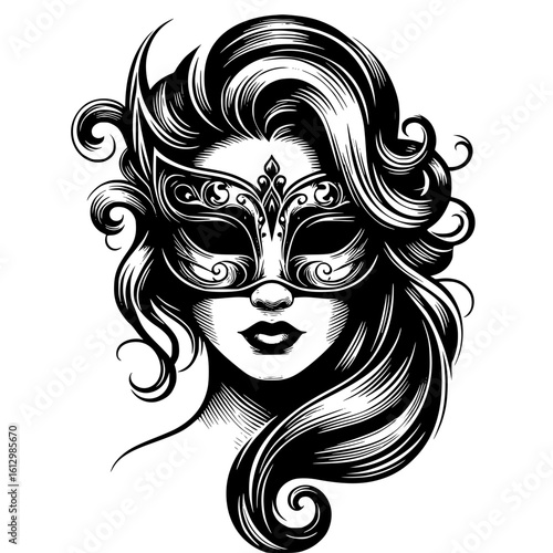 Woman in a party mask, curly hair. black and white vector