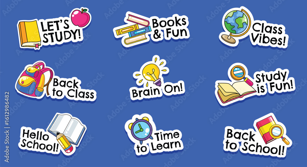 Naklejka premium Set of hand drawn back to school fun sticker vector illustration