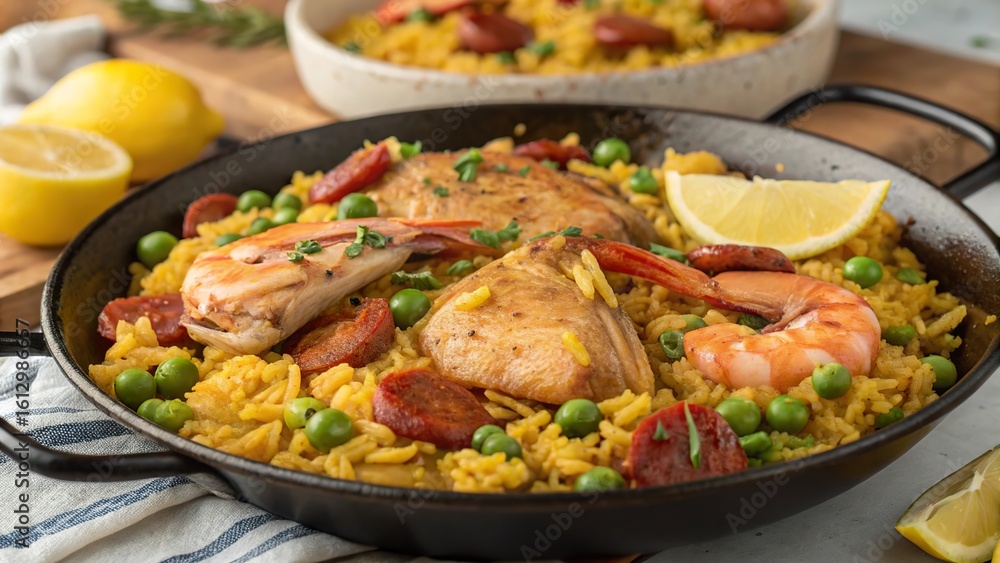 Traditional Spanish paella featuring saffron rice, seafood, and vegetables in a rustic kitchen setting Traditional Spanish paella featuring saffron rice, seafood, and vegetables in a rustic kitchen setting
