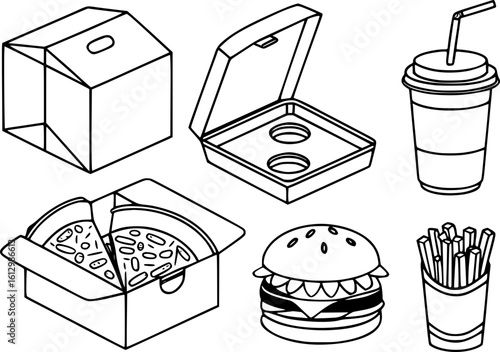 Minimalist Line Art of Fast Food Takeout Containers – Pizza Box, Coffee Cup, Chinese Box, Burger Clamshell, and More in Clean Black-and-White Style