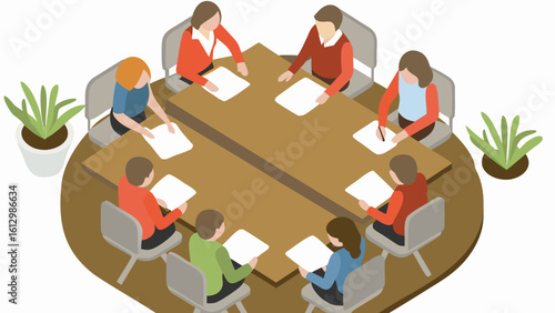 Isometric view of eight people sitting around a table in a meeting with papers and plants around it