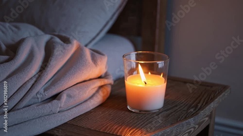 Soft glow candle on wooden table. Relaxing bedroom ambiance. Cozy night in, quiet and peaceful time. Comfort zone. Warm light for unwind.