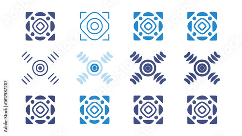 Collection of twelve blue geometric designs arranged in a grid pattern on a white background art piece