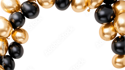 Archway of shiny black and gold balloons for decoration isolated on transparent background