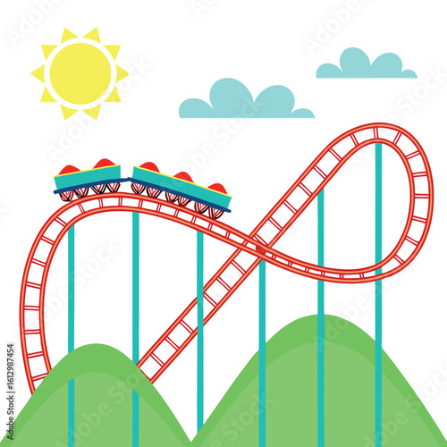 Cartoon Roller Coaster with Red Track and Cars over Green Hills in Sunny Weather