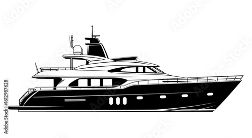 Elegant luxury superyacht isolated on a white background. Black and white vector illustration of a modern private motorboat for travel and leisure.