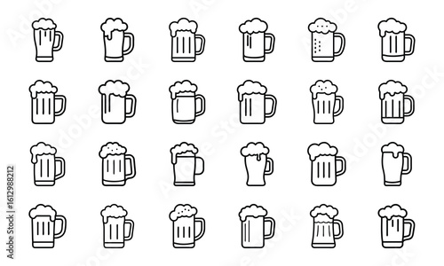 Fruit, Juice, and Beverage Line Icon Set – Outline Vector of Avocado, Citrus, Apple, Pineapple, Papaya, Drink Bottles, Wine, Coffee Cup, and Smoothies

