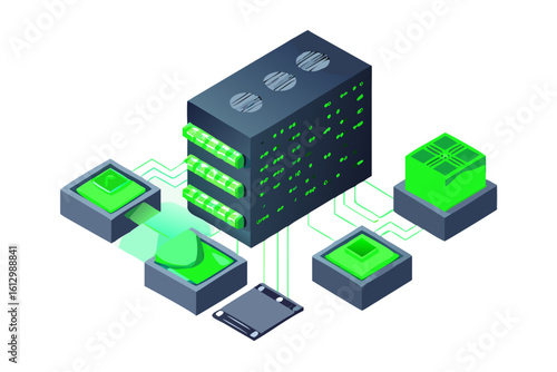 Futuristic server rack with glowing green components and data flow