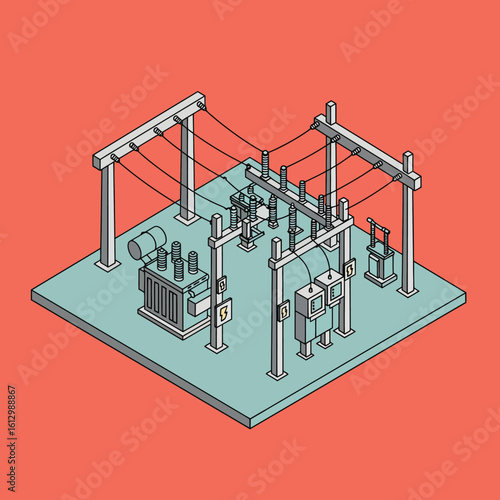 Isometric illustration of a power substation with transformer and electrical equipment
