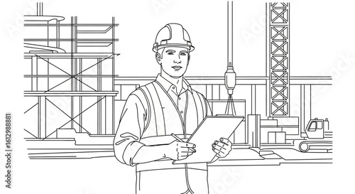 A construction engineer or site foreman in a hard hat and vest holding a clipboard on a building site. Line art illustration.