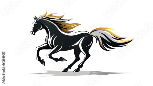 Fast galloping black and white horse casting shadow while art minimalist. silhouette concept