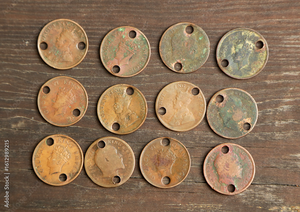 Fototapeta premium Old Indian coins vintage background texture