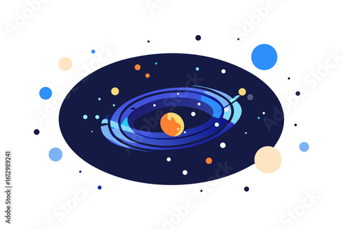 Stylized illustration of a solar system with planets and a central star