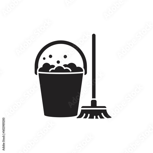 Cleaning Supplies Icon Bucket with Soapy Water and Mop Illustration