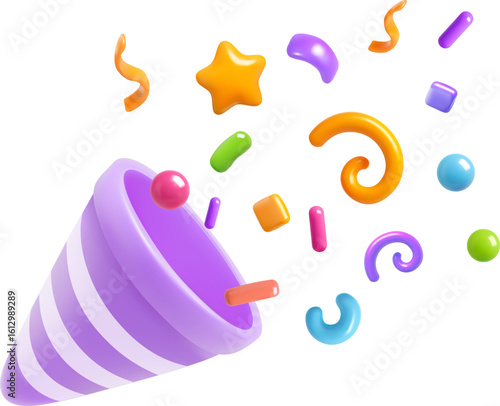 3D purple party popper with confetti explosion burst