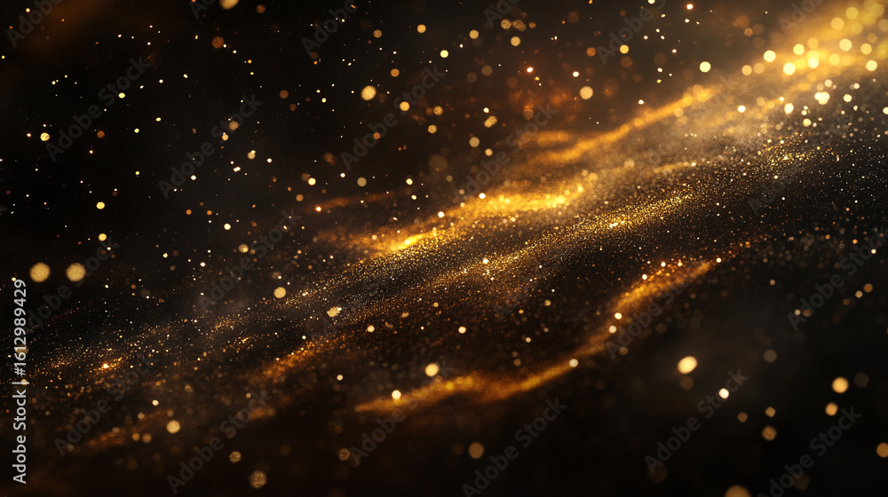 Fototapeta premium Golden glitter particles floating in dark background luxury abstract design