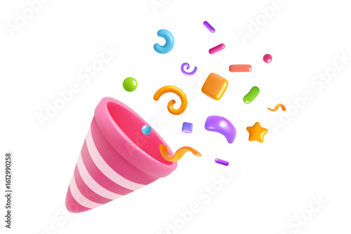 Pink 3D party popper exploding with fun colorful confetti