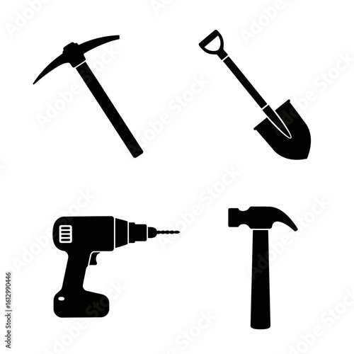 Construction tools vector icon set pickaxe shovel drill and hammer