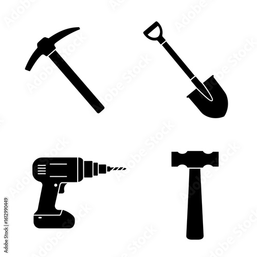 Construction Tools Silhouette Set Pickaxe Shovel Drill and Sledgehammer on White