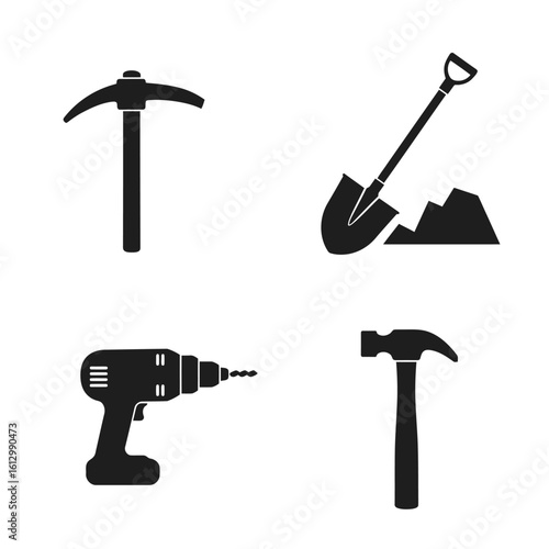 Set of Black and White Construction and Repair Tools Icons