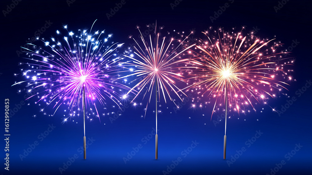 Fototapeta premium Three colorful firework sparklers on dark blue background a festive celebration image