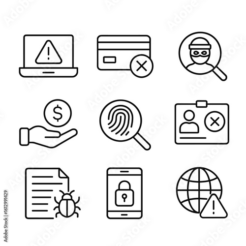 Cybersecurity fraud prevention icons. Outline symbols. Line design