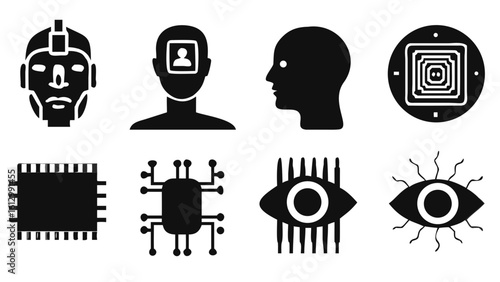 Artificial intelligence robot head brain technology chip eye cybernetics future mind machine learning ai face on transparent background