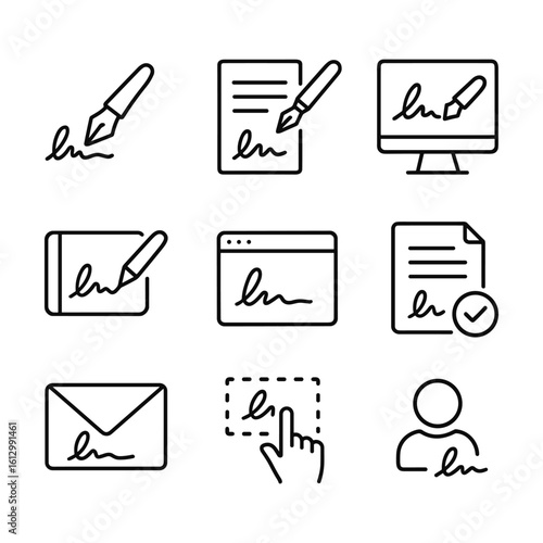 Electronic signature verification icons. Outline symbols. Line design