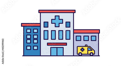 Hospital building and ambulance icon. Vector illustration of a medical clinic for emergency healthcare services. Flat design graphic of a medical center.